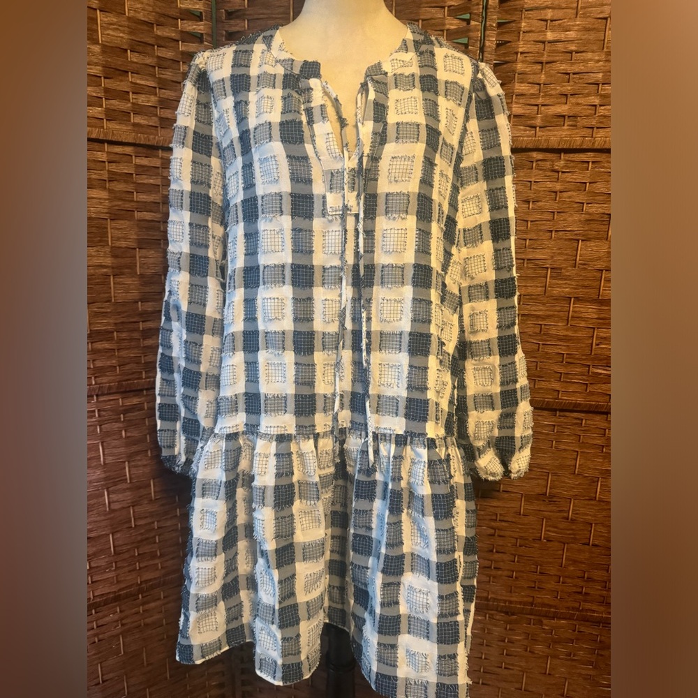 Jacquie The Label Dress Drop Waist White & Navy Blue Stitched Plaid Large